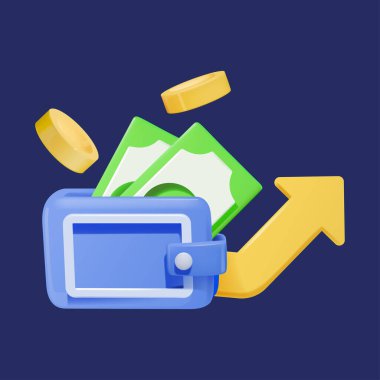 3 boyutlu ikon gelir artışı grafiği. İçinde banknotlar, bozuk paralar ve yukarı doğru ok olan bir cüzdan. Vektör illüstrasyonu.