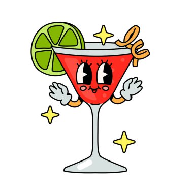 Limon dilimli neşeli kokteyl karakteri. Çizgi film stiliyle vektör illüstrasyonu.