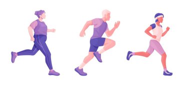 Farklı koşan insanlar. Farklı fiziklere sahip erkek ve kadınlar spor üniformalarıyla koşuyor. İnsanlar sağlık için kardiyo çalışması yapıyor. Düz vektör biçiminde modern illüstrasyon.