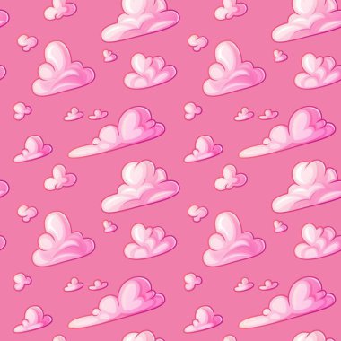 Pembe arkaplandaki tüylü bulutların kusursuz deseni. Çocuklar için renkli gökyüzü çizimi.