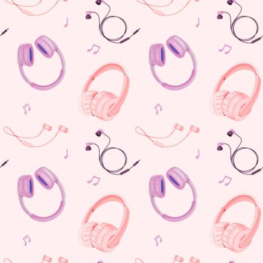Pembe arka planda kulaklık ve kulaklık deseni var. Müzik aksesuarlarının kusursuz tasarımı. Vektör illüstrasyonu.