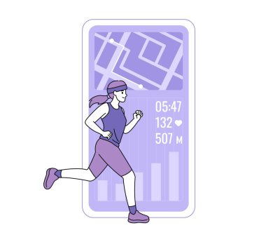 Formda koşan bir kadının rota, zaman, kalp atış hızı ve mesafeyi gösteren bir tasviri. Sağlık ve zindelik kavramı için düz tasarım.