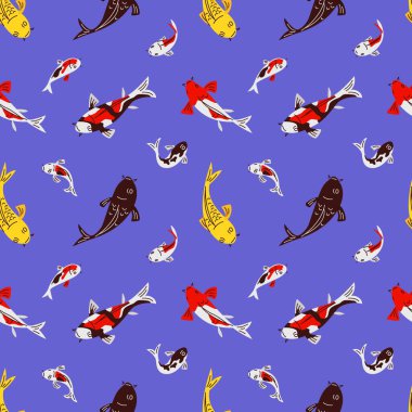 Mavi arka planda çeşitli renklerde balıklar olan koi balığı deseni. Kusursuz tekrarlayan tasarım. Duvar kağıdı, tekstil ve baskı için dekoratif su teması.
