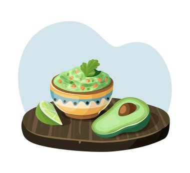 Tabakta limon dilimi ve tahtada avokado olan guacamole resmi. Dijital yemek sanatı. Meksika mutfağı ve aperatif.