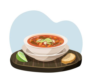 Tahtaya konmuş limonlu ve ekmekli pozole çorbası. Dijital yemek sanatı. Meksika mutfağı ve geleneksel yemek..