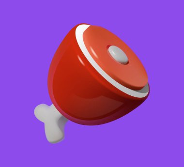 Canlı mor bir arka planda kemikli bir çizgi film et bacağının üç boyutlu çizimi.