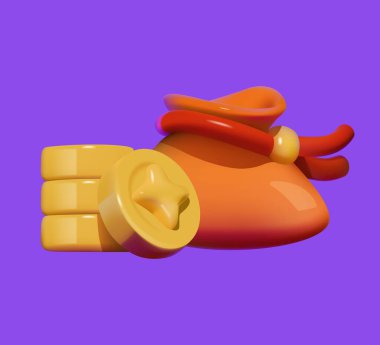 3D stilize edilmiş ortaçağ bozuk para çantası kırmızı kurdeleyle bağlanmış ve altın paraları istiflenmiş. Mor arkaplanda izole edilmiş bir simge. Zenginlik ve finans kavramı.