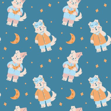 Mavi arka planda ay ve yıldızlarla çevrili pijama giyen çizgi filmlerdeki köpeklerin kusursuz desenleri. Uyku kıyafetleri içinde sevimli hayvanlar. Düz Çizim.