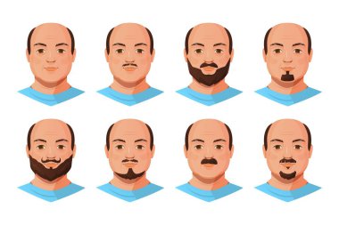 Kel erkek avatarların sakal, bıyık ve keçi sakalı da dahil olmak üzere farklı yüz kılları göstermesi. Karakter özelleştirmesi.