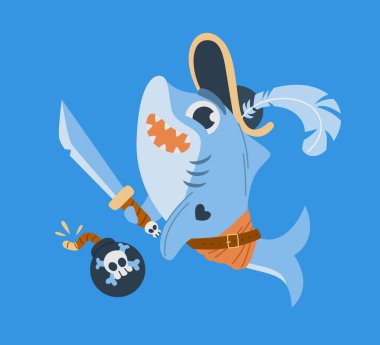 Kılıç ve bomba tutan, mavi arka planda tüylü şapka takan bir korsan köpekbalığının şirin karikatürü..