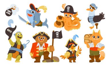 Various animals dressed as pirates, featuring a shark, octopus, cat, seagull, bear, turtle and parrot. Flat illustration. Adventure and sea voyage concept. clipart