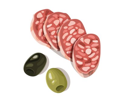 Beyaz arka planda yeşil ve siyah zeytinlerle bezenmiş salam dilimleri, mutfak ve yemek tasarımları için idealdir. Üst görünüm.