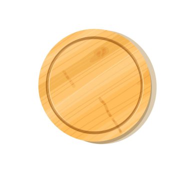 Yuvarlak tahta kesme tahtası, izole edilmiş. Dizayn ve baskı için düz mutfak aletleri çizimi.