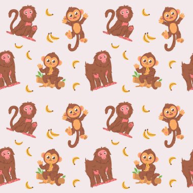 Çizgi film maymunları ve muzlar, çocuk tasarımları ve tekstil için mükemmel..
