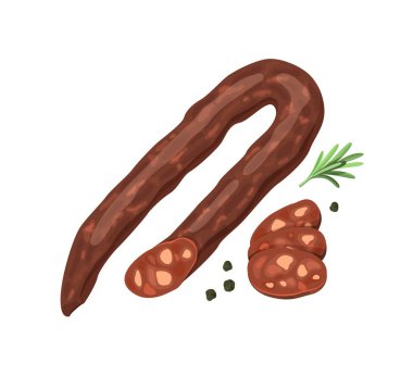 Taze biberiye ve biberiyeyle süslenmiş füme sosis halkası. Tasarım ve baskı için et ürünü ve şarküteri besin kavramı.