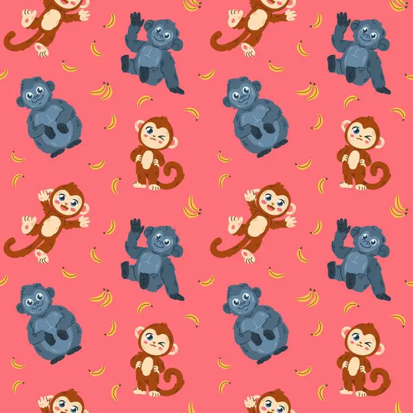 Çocuk tasarımları ve oyuncu dekorlar için ideal, pembe arka planda çizgi film maymunları, goriller ve muzlar içeren oyuncu, pürüzsüz desenler..