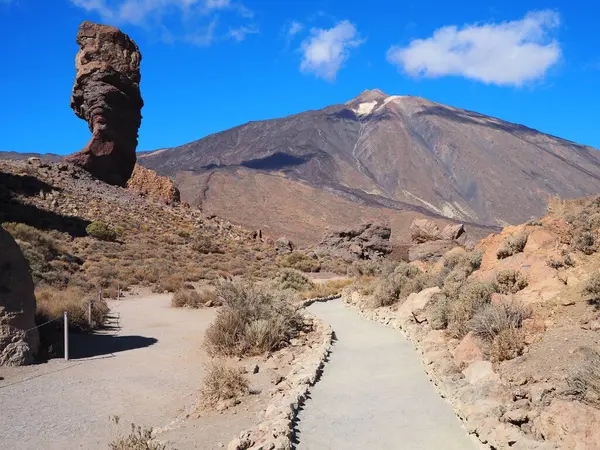 Teide Ulusal Parkı: Roque Cinchado ve mavi gökyüzünün altında güneşli bir günde kuru yeşillikle kaplı lav çölünün ortasında Teide volkanı zirvesi. Tenerife 'nin volkanik manzarası, Kanarya Adaları, İspanya.