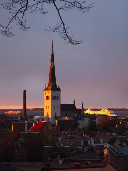 Estonya 'nın Tallinn kentinin şehir siluetinin panoramik manzarası. Aziz Olaf Kilisesi 'nin altın saatinde gün batımındaki kulesi..