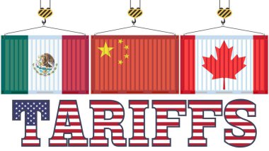 Tarifeler artıyor. İçinde Çin, Kanada ve Meksika bayrakları olan konteynırlar. Metin ve bayrak ile vektör illüstrasyonu.