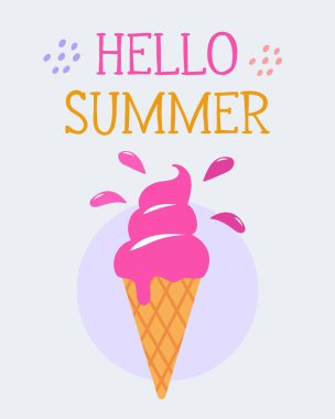 Waffle külahında yumuşak dondurma. Merhaba yaz mesajı. Gönderiler, posterler, kartlar, dükkanlar için modern vektör illüstrasyonu.