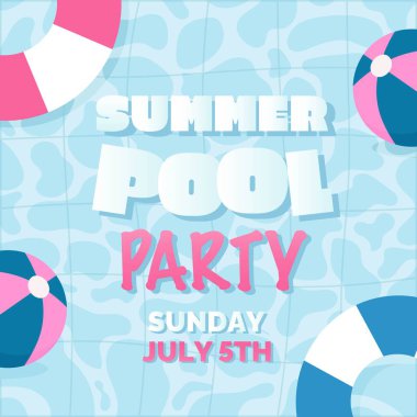 Yaz partisi davetiyesi, poster. Havuz manzarası şişirilebilir halkalar, plaj topları ve metin.
