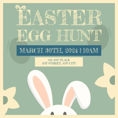 Yumurta avı kare şablonu davetiyesi, kart, harfli poster. Tavşan kulaklı, çiçekli ve yumurtalı sevimli retro vektör çizimi.