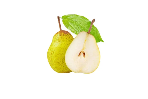 Peer Rocha Geheel Half Gesneden Vruchten Geïsoleerd Wit Geel Groen — Stockfoto