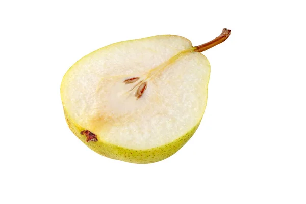 Rocha Hruška Napůl Nakrájené Ovoce Izolované Bílo Žlutozelené Skvrnité Ovoce — Stock fotografie
