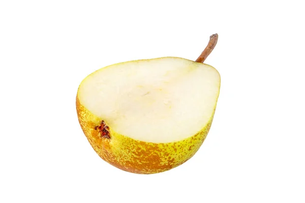 Mezzo Frutto Pera Rocha Isolato Bianco Sezione Frutta Maculata Verde — Foto Stock