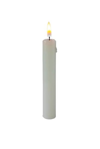 燃烧的蜡烛是用白色石蜡制成的 与白色隔离 明亮的火焰 — 图库照片