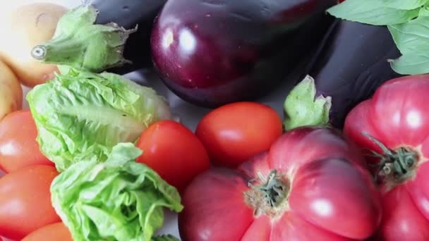 新鮮な野菜の回転 トマト ポテト チャイナのバンチ レタスサラダ バジルは野菜の背景を残しています — ストック動画