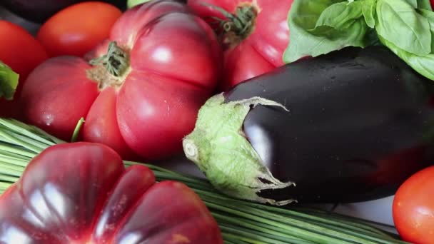 Yaz Sebzeleri Uzaklaşsın Domates Soğan Patlıcan Marul Salatası Fesleğen Yaprağı — Stok video