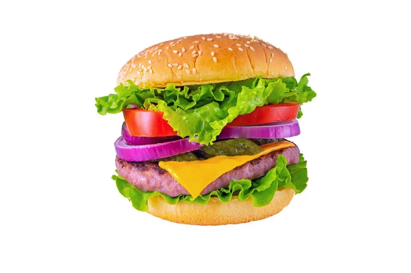 Hamburger Oder Burger Mit Hackfleisch Käse Salat Tomaten Zwiebeln — Stockfoto