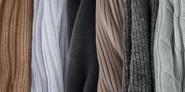 Top neutral colors palette for spring 2024. Fashion color trends. Knitted clothes fabric samples.