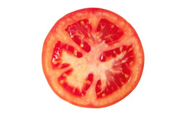 Domates dilimi üst görünümü beyaza izole. Sandviç doldurma malzemesi. Hamburger için lezzetli sebze.