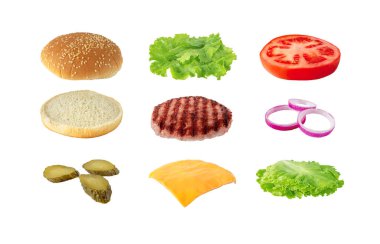 Beyaz üzerine izole edilmiş lezzetli renkli sandviç malzemeleri. Köfte köfteli hamburger et, peynir, marul, domates, soğan,