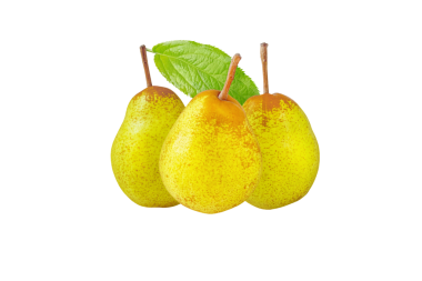 Üç tam meyveli armut şeffaf png. Sarı yeşil armut ve yeşil yaprak.