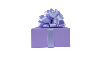 Mor hediye kutusu, saten kurdeleli yay manzaralı, saydam png izole edilmiş. Bahar tatili hediyesi.