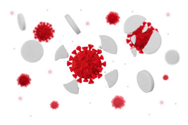 Coronavirus ve tıp kavramı şeffaf png. Virüs hücreleri ve kırık haplar. Hap ve hastalık savaşı.