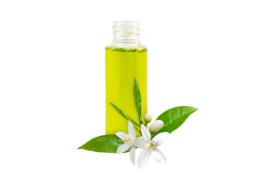 Şişedeki Neroli yağı ve portakal ağacı kokulu çiçekler, yapraklar ve tomurcuklar şeffaf png. 