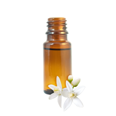 Siyah cam şişedeki Neroli yağı ve portakal ağacı kokulu çiçekler şeffaf png..