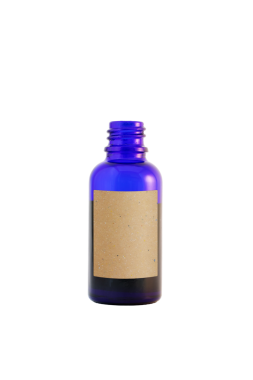 Koyu mavi cam şişedeki yağ, şeffaf png izole edilmiş. kağıt etiketinde annabis yaprağı.