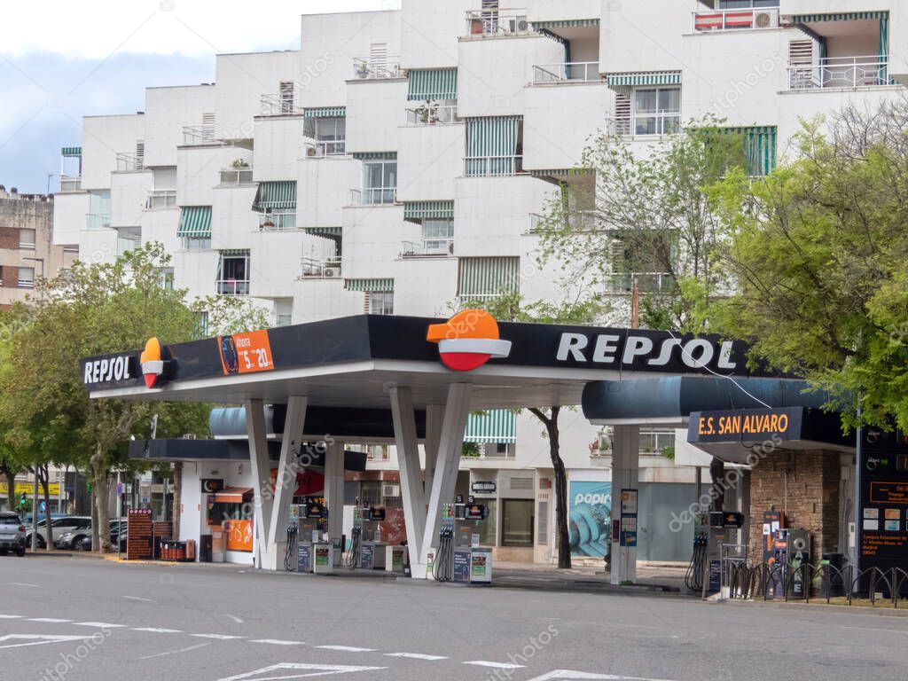 CORDOBA, SPAIN - APRIL 13, 2025: Repsol gas station at the street in Cordoba Andalusia,Spain