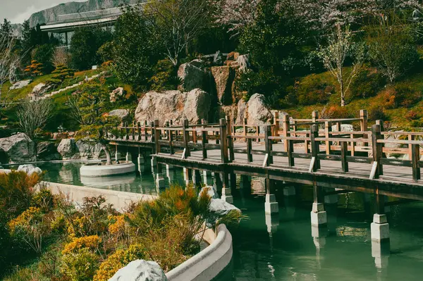 Dağlarda şelalesi olan güzel bir manzara.