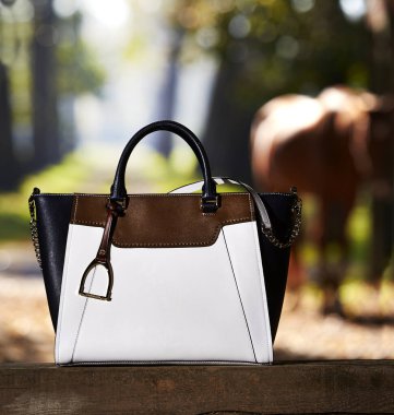 Bu fotoğraf, kırsal ahşap bir yüzeye yerleştirilmiş binicilikten esinlenilmiş bir tasarımı olan sofistike bir el çantası sunuyor. Poşette, metalik üzengi tılsımlı beyaz, kahverengi ve siyah deri karışımları bulunuyor. 