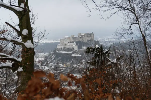Salzburg 'da kış yürüyüşü, kaldırım taşı sokaklar, büyüleyici eski binalar ve kar ve tarihten oluşan bir battaniyeye sarılmış yüksek kale..