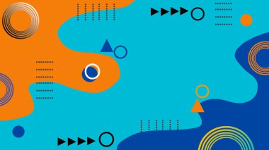 Noktalar ve çizgilerle birleştirilmiş, turuncu ve mavi geometrik şekillerle soyut illüstrasyon. Bu modern tasarım sunum arkaplan, pankart veya dijital yaratıcı içerik ve duvar kağıdı için uygundur.