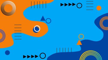 Noktalar ve çizgilerle birleştirilmiş, turuncu ve mavi geometrik şekillerle soyut illüstrasyon. Bu modern tasarım sunum arkaplan, pankart veya dijital yaratıcı içerik ve duvar kağıdı için uygundur.