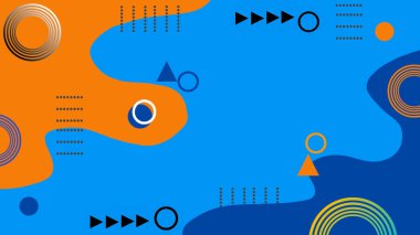 Noktalar ve çizgilerle birleştirilmiş, turuncu ve mavi geometrik şekillerle soyut illüstrasyon. Bu modern tasarım sunum arkaplan, pankart veya dijital yaratıcı içerik ve duvar kağıdı için uygundur.