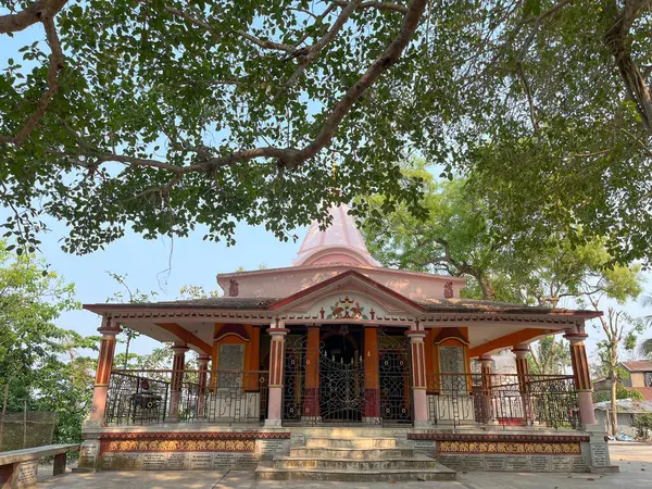 Mavi gökyüzünün altındaki bir ağacın altındaki tapınağın doğal güzelliğinin fotoğrafı.